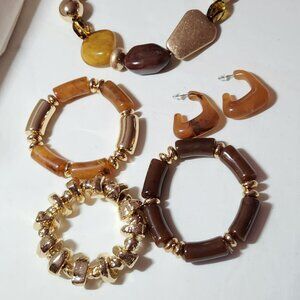 Neutral color necklace earring three bracelets gold tone EUC